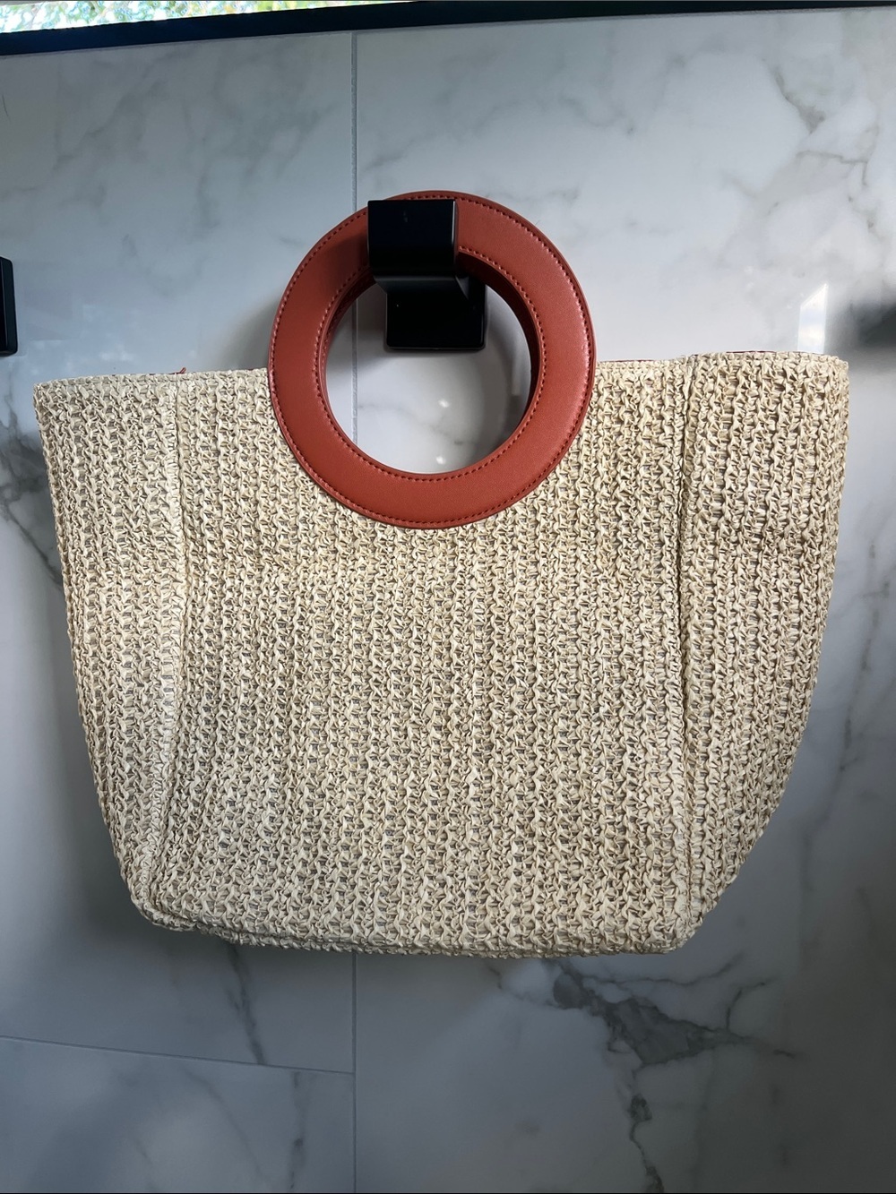Cream Woven Tote with Brown Circular Handles